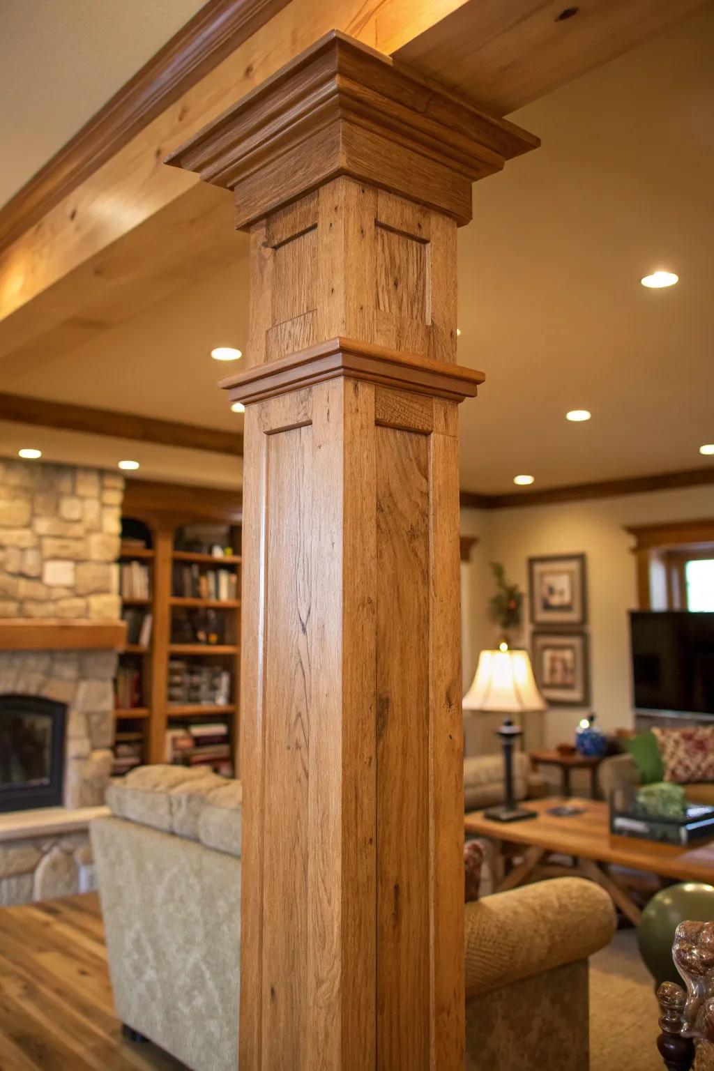 Unprocessed wood columns bring a welcoming atmosphere.