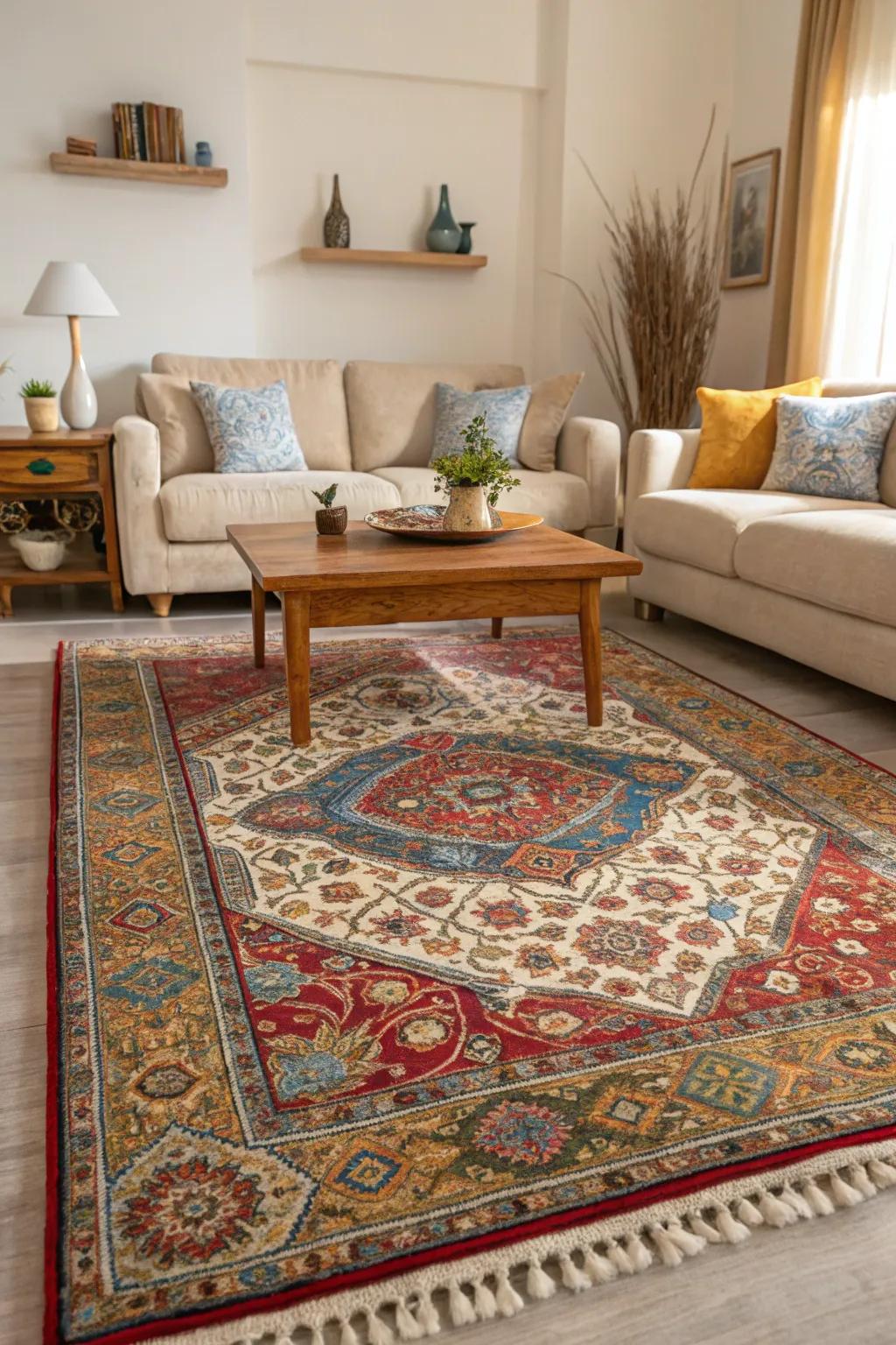 A statement rug infuses warmth and character into a subtle living space.