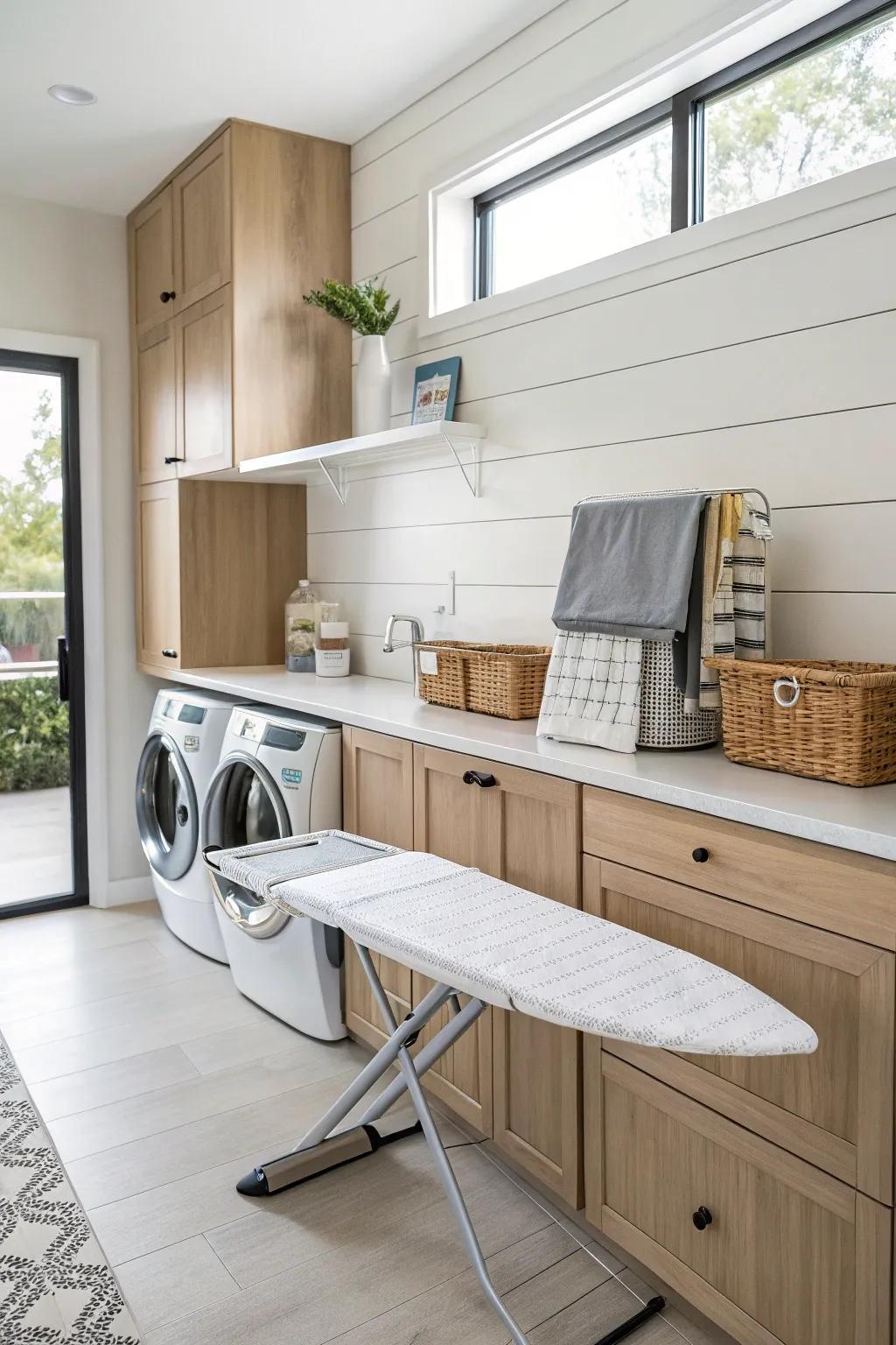A foldable, wall-attached pressing surface in a modern laundry room.
