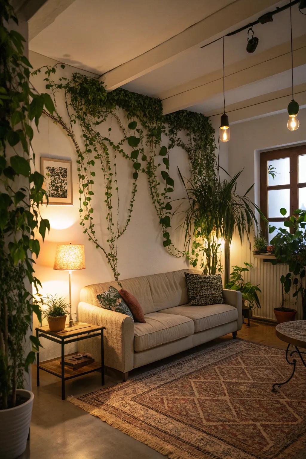 A living space redefined with a vibrant ivy-covered wall, establishing a serene environment.