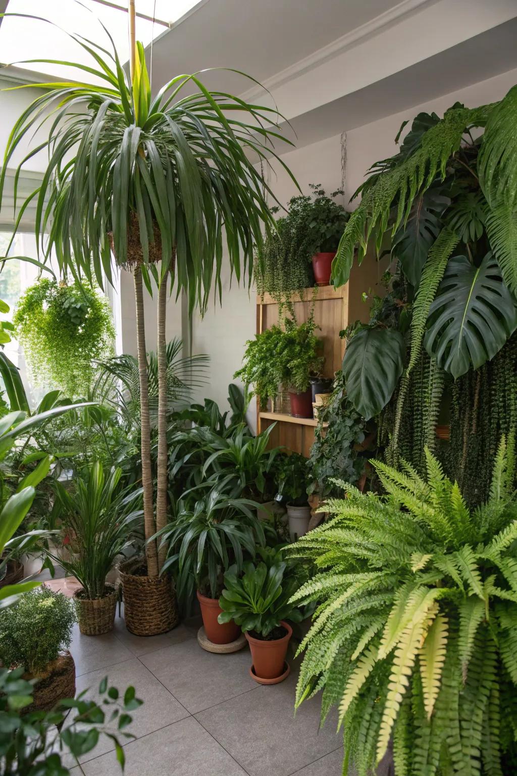 Incorporate a variety of plants to construct a multi-layered, abundant jungle ambiance.