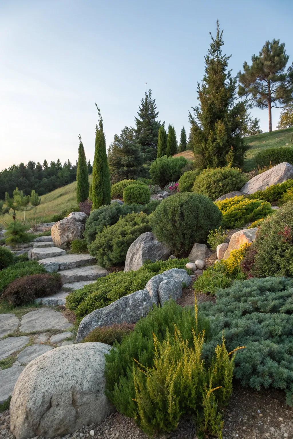 Rock and evergreen garden producing a tranquil hillside retreat