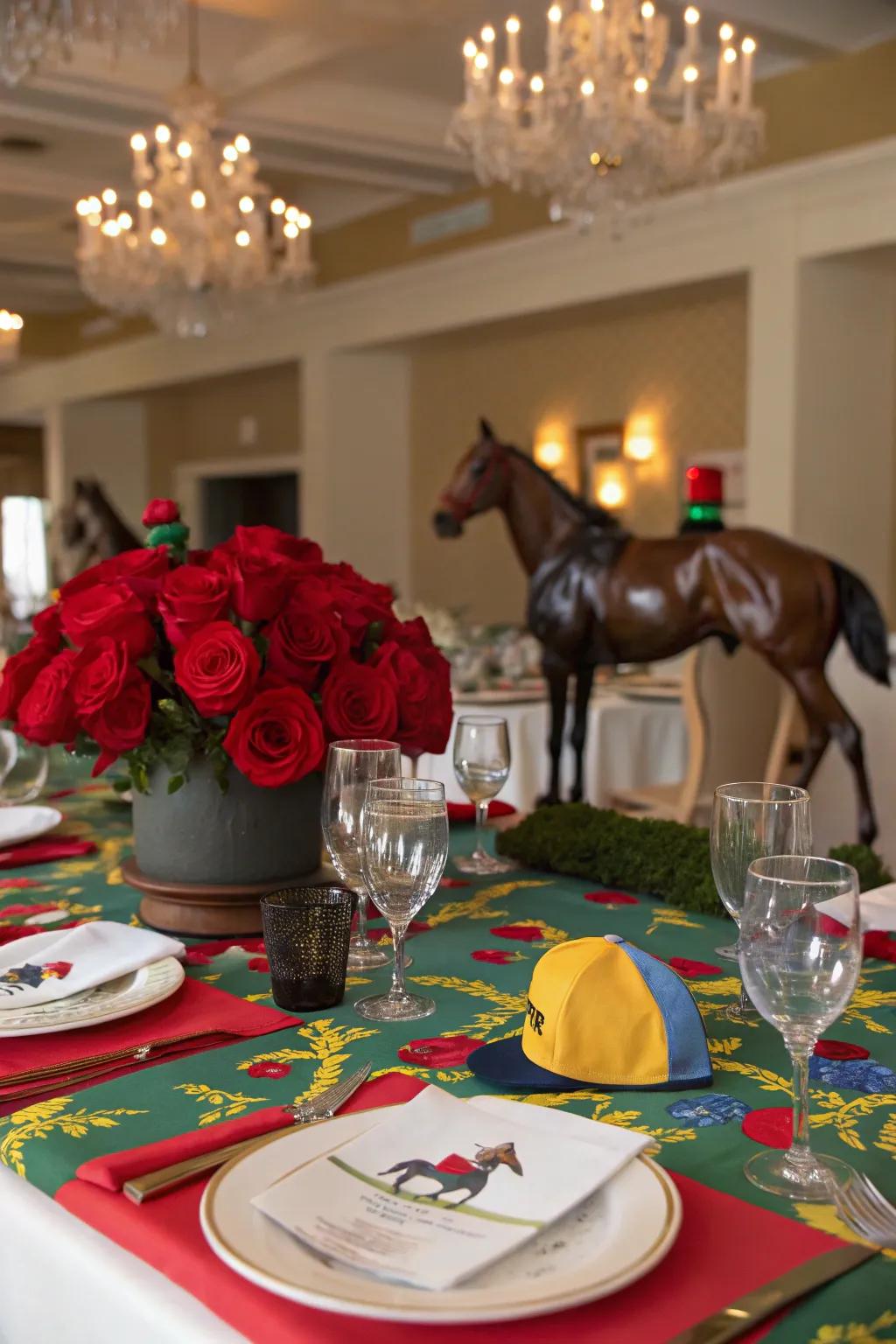 A beautifully arranged table adorned with equine-inspired accents and scarlet blossoms for a Run for the Roses celebration.