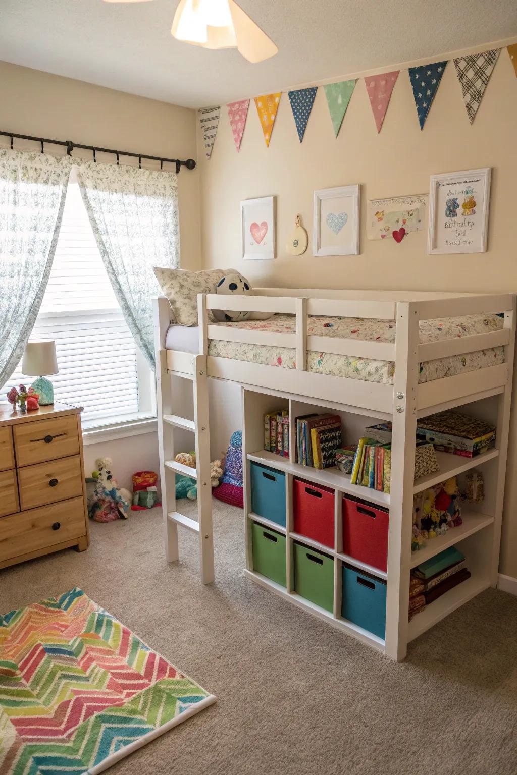 An elevated bed configuration that amplifies available space for recreation and safekeeping.