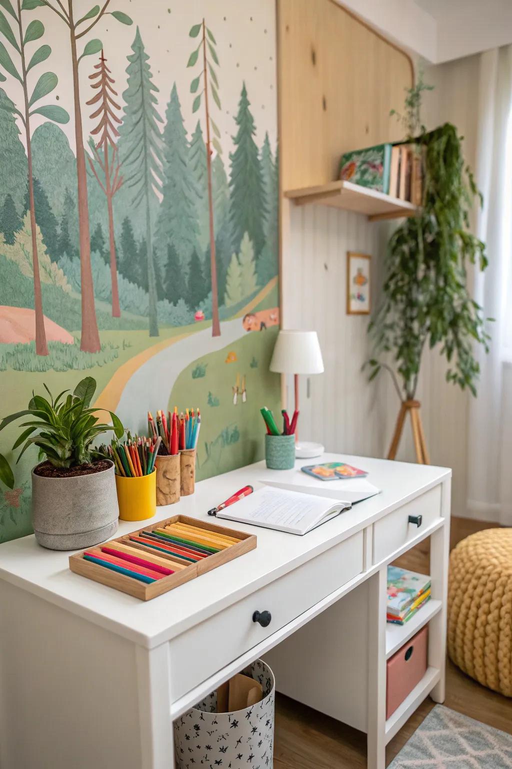 A creative mural can transform a simple desk into a gateway to fantasy.