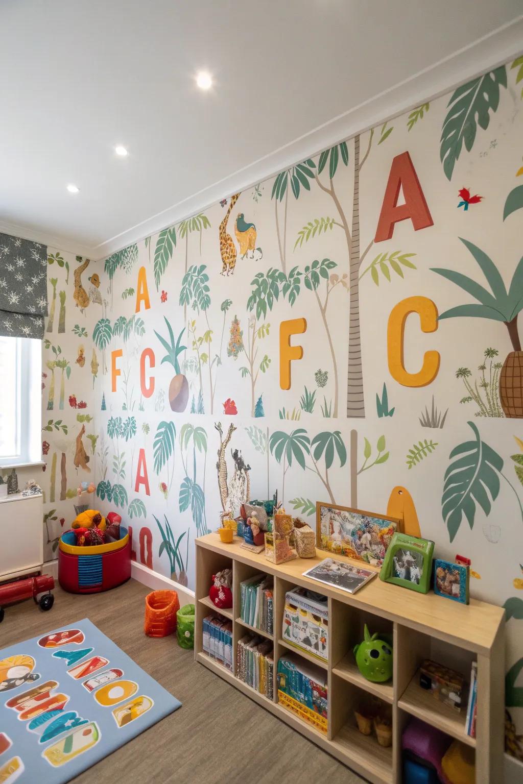 A playroom wall highlighted with letter-inspired decor, mixing education with adventure.