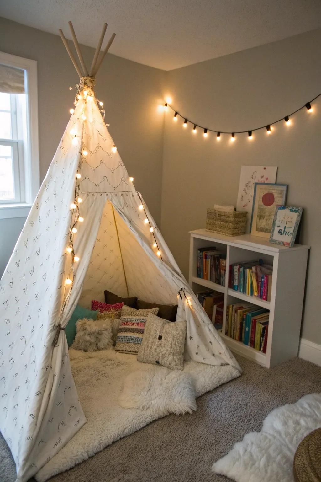 A playful teepee shelter reading corner, suited for small explorers.