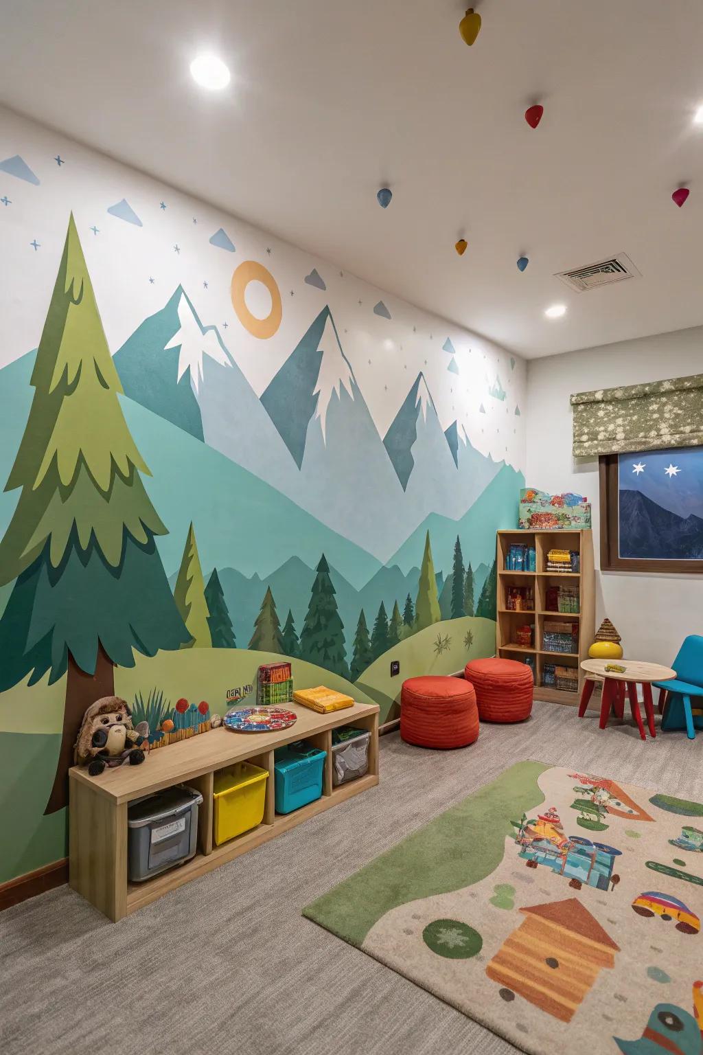 Mountain scenes foster a calming yet adventurous vibe in kiddos' spaces.