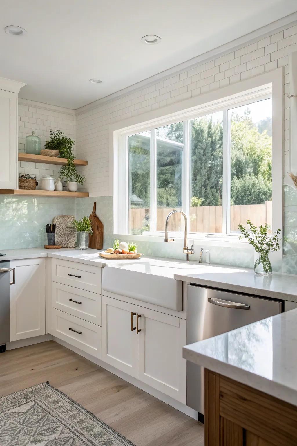 A continuous glass backsplash integrates with the window, amplifying the kitchen's open and spacious feel.