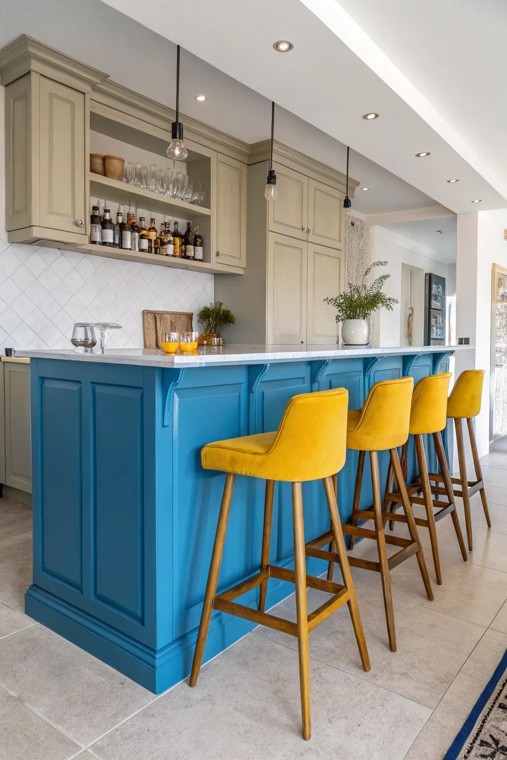 Intense hues have the ability to turn your kitchen bar into an energetic core.