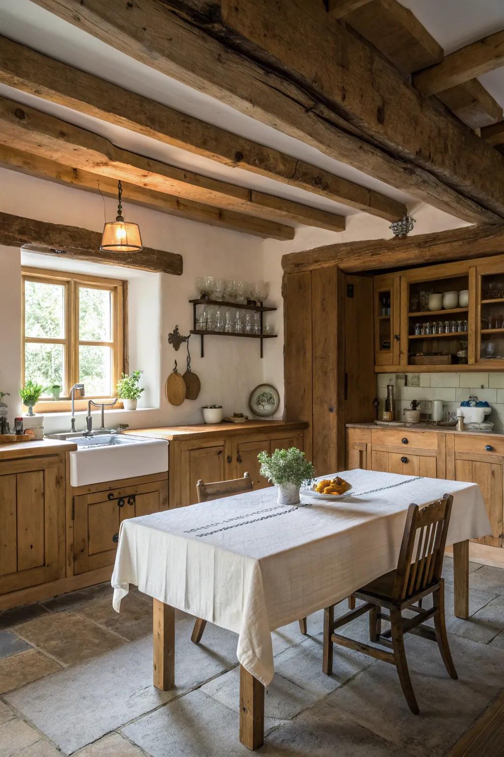 Uncovered wooden beams imbue your kitchen with classic rustic appeal.