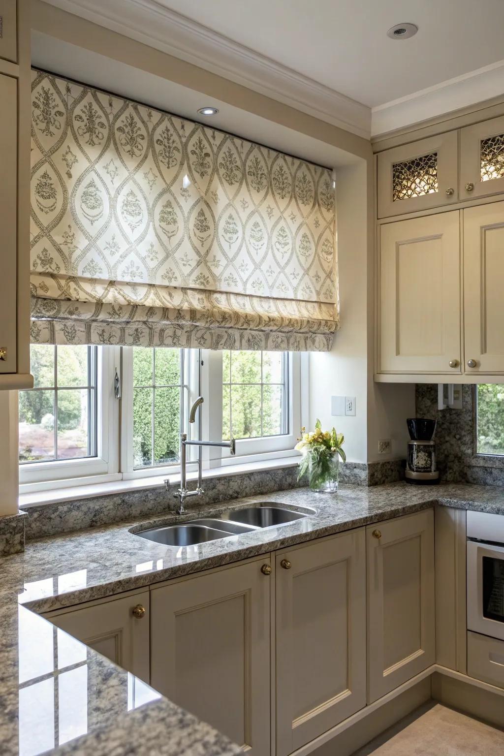 Roman window coverings enhance a contemporary kitchen