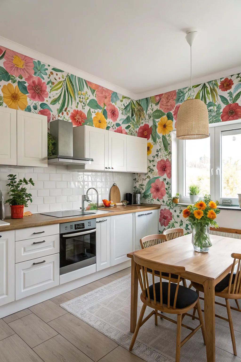 Botanical wallpaper trims add an energetic, nature-inspired feel to your kitchen.