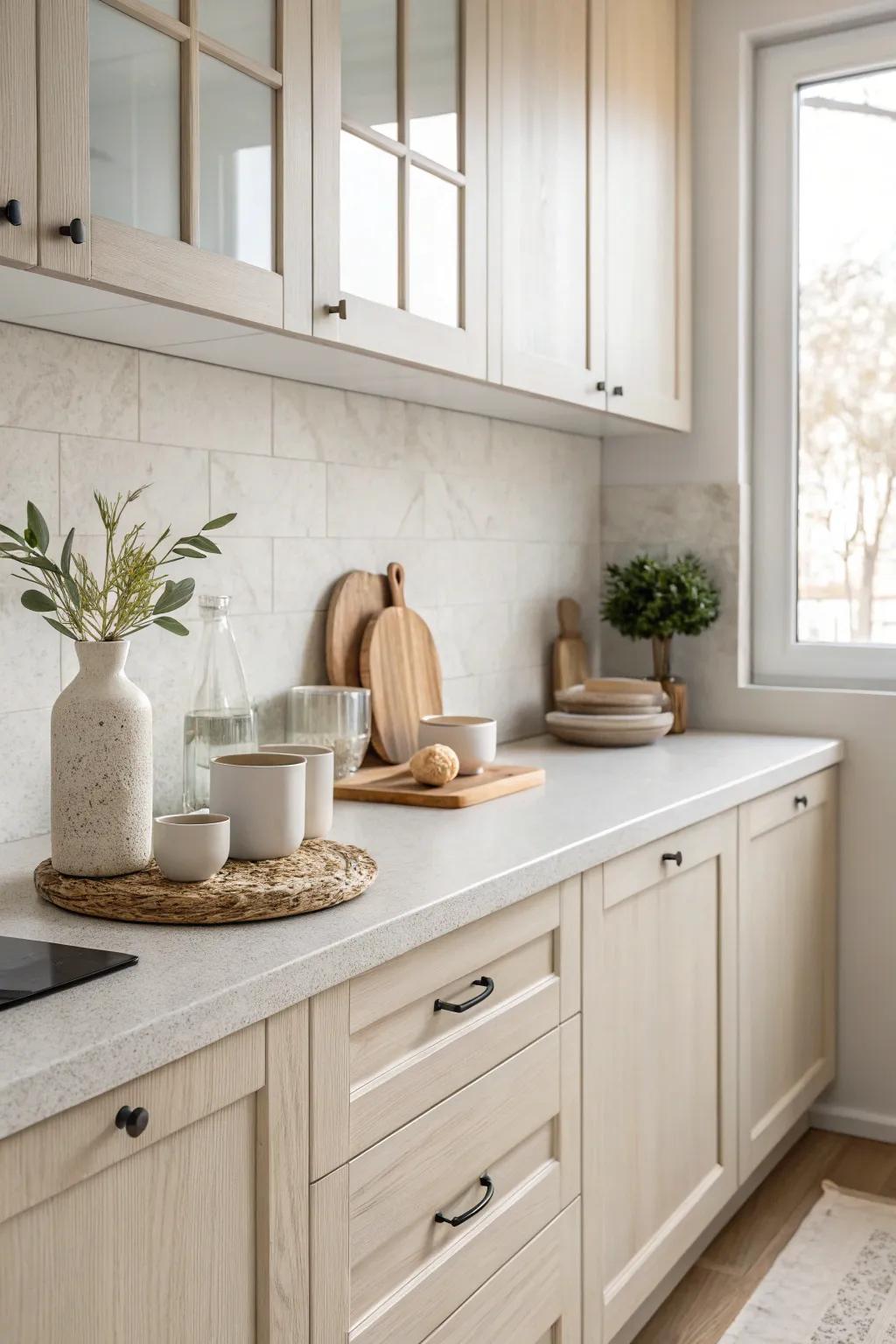 A stylish kitchen featuring soft and neutral decorations.