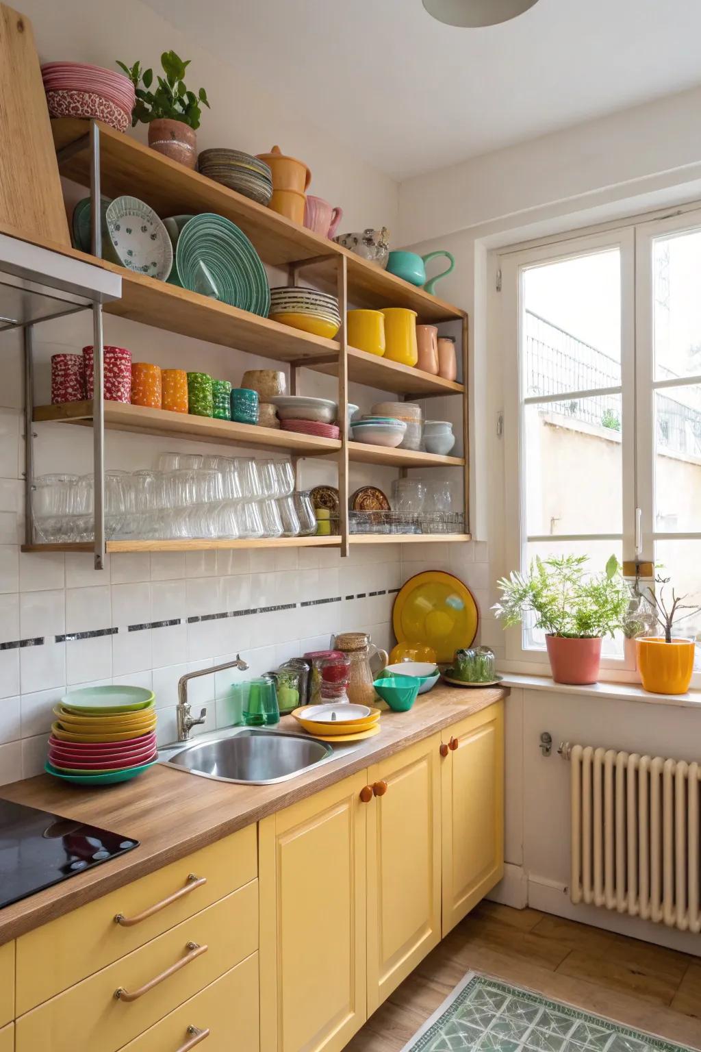 Open shelving incorporates practicality and appeal to smaller cooking areas.