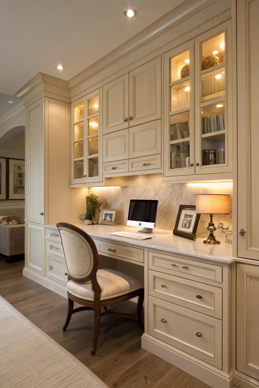 A kitchen desk perfectly integrated with the cabinetry, creating a smooth and unified design.