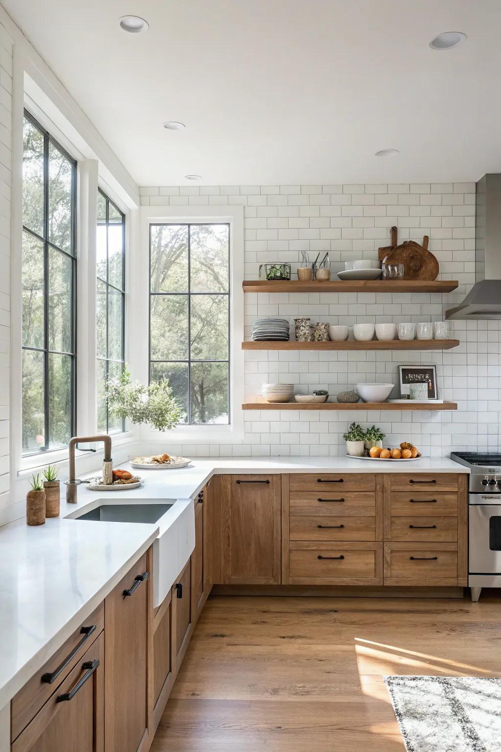 Floating shelves create an open and airy kitchen ambiance.