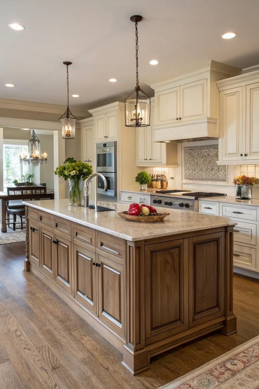 Kitchen island enhanced with traditional paneling for an elegant touch.