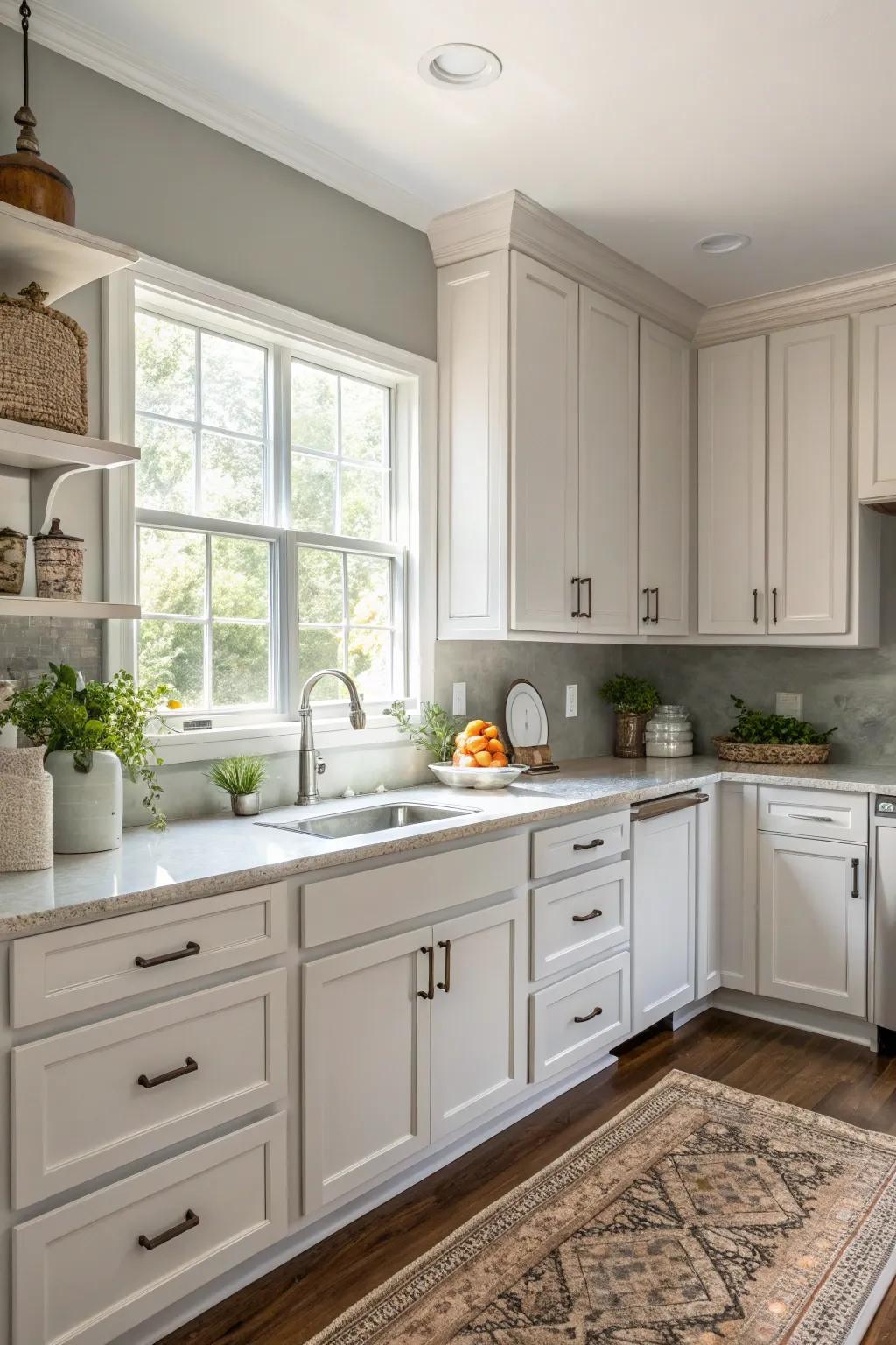 Subtle fawn walls provide a gentle contrast with pristine white fittings.