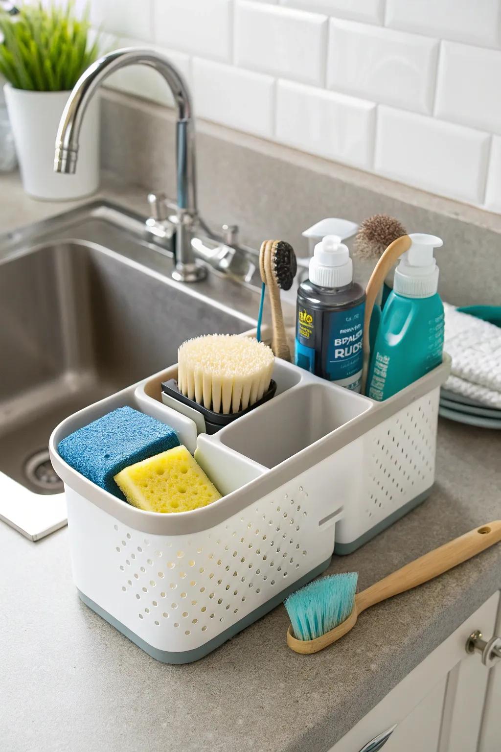 Small sectioned containers maintain organized essentials in petite kitchens.