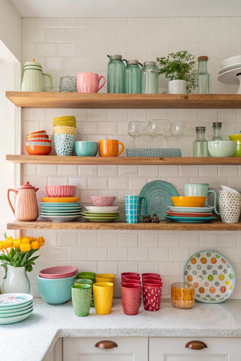 Open shelving boosts the kitchen's charm and functionality.