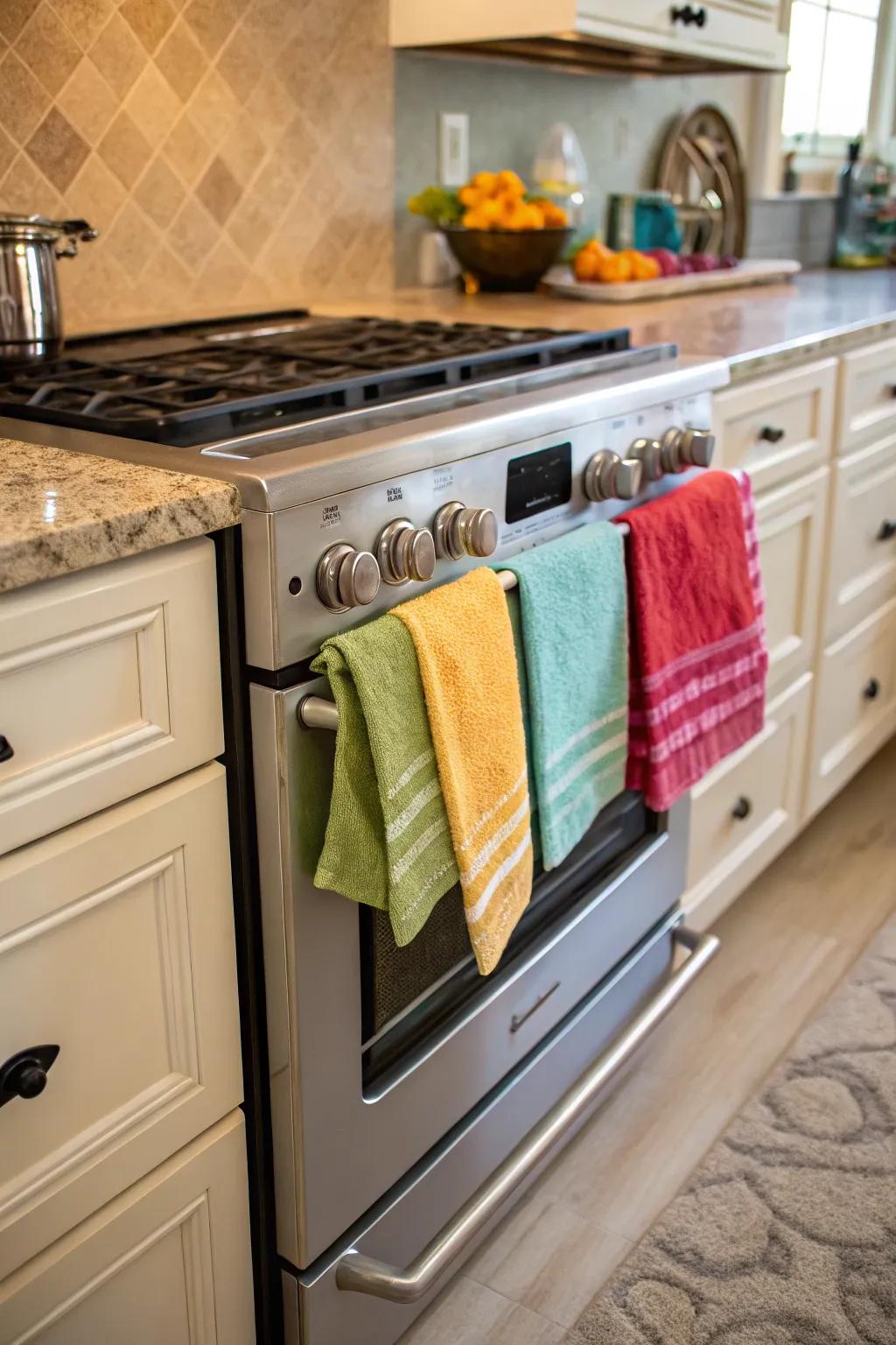 Drape cloths on oven handles as a straightforward decorative element.
