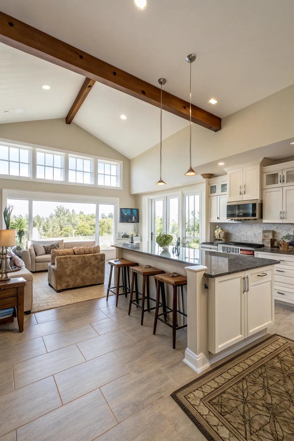 An open design easily links the cooking area to the surrounding areas.