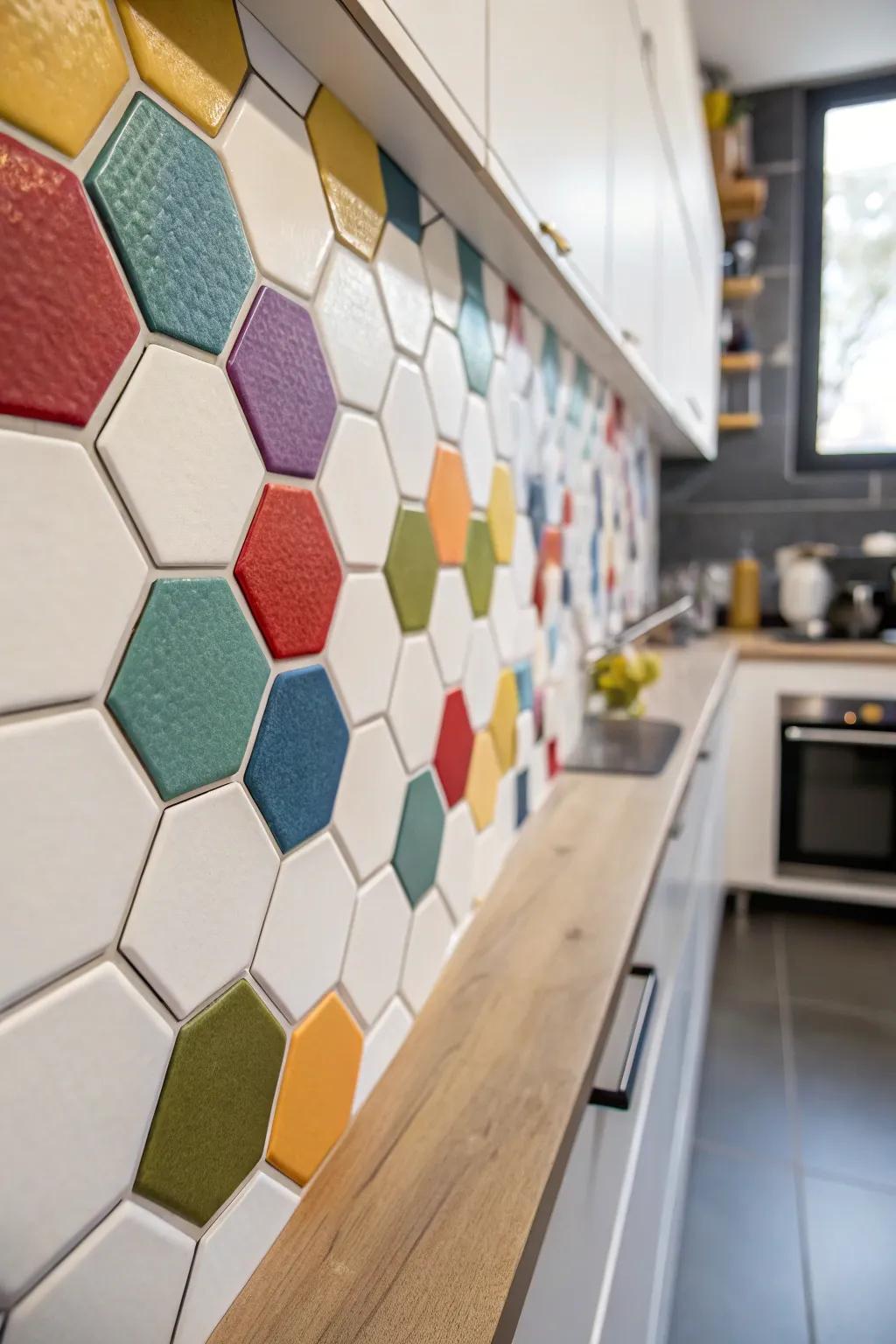 Six-sided tiles give this cooking space wall a modern and lively feel.