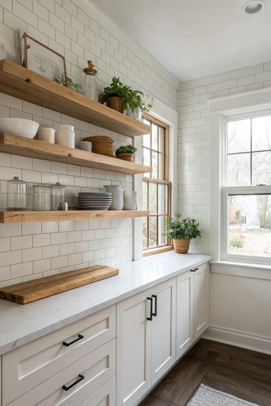 Minimalist kitchen featuring floating shelves that maintain an airy and uncluttered environment.