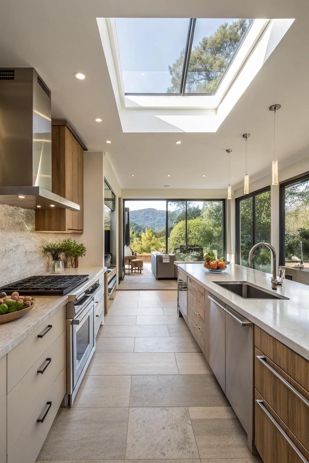 An unrestricted kitchen layout smoothly connects with the living space.
