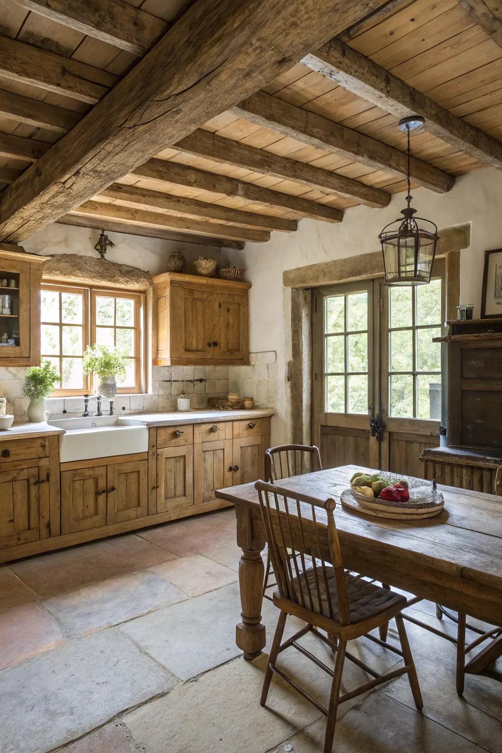 Exposed beams give personality and warmth to this kitchen with its high ceiling.