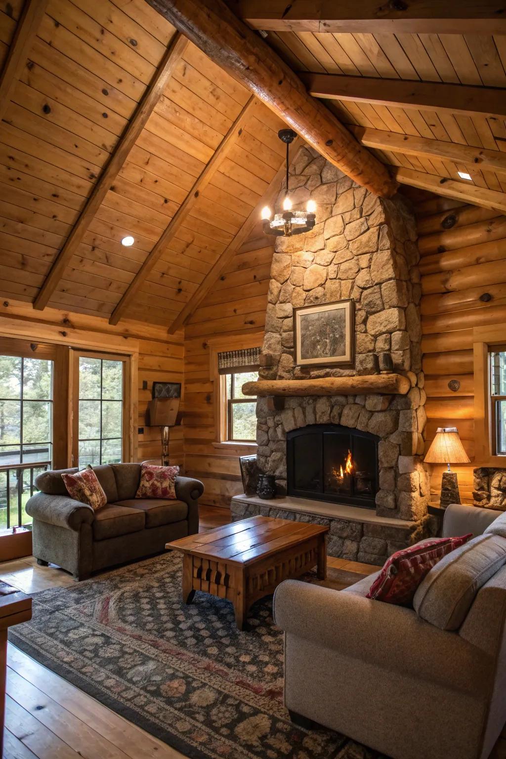 A rustic cabin-like interior highlighting the charm of wood-clad.