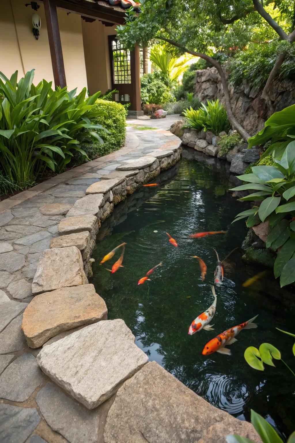 Native stones lend an unpolished allure to this koi haven.