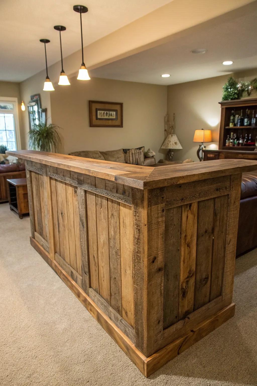 Upcycled lumber bestows this L-shaped bar with rustic allure.