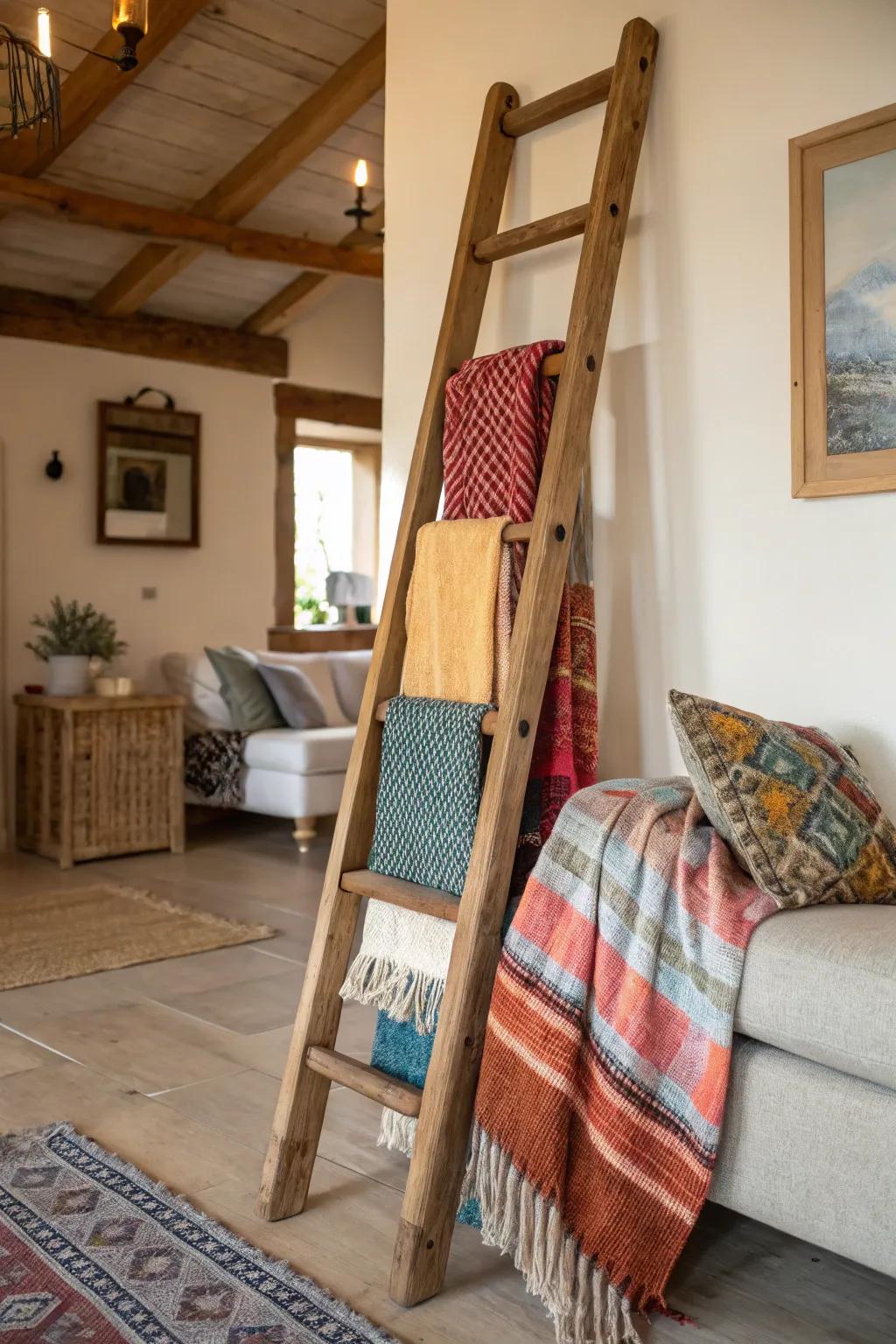 A ladder coverlet stand infuses any area with comfort and elegance.