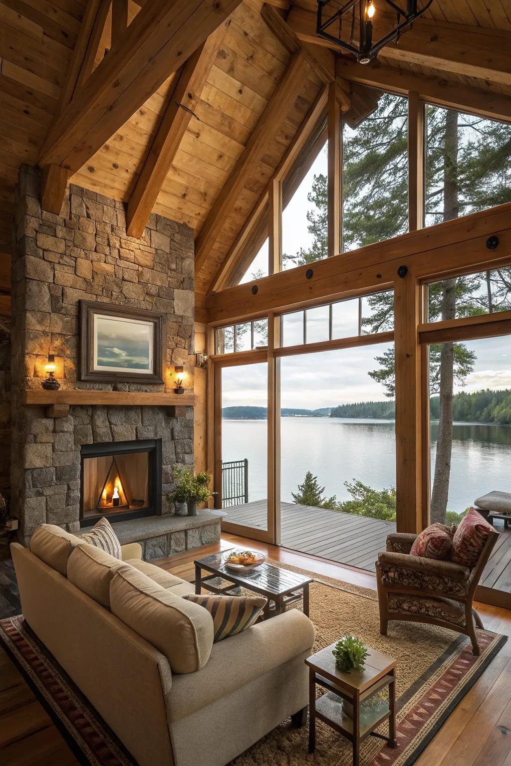 Raw materials craft an inviting and cozy environment in a lakeside home.