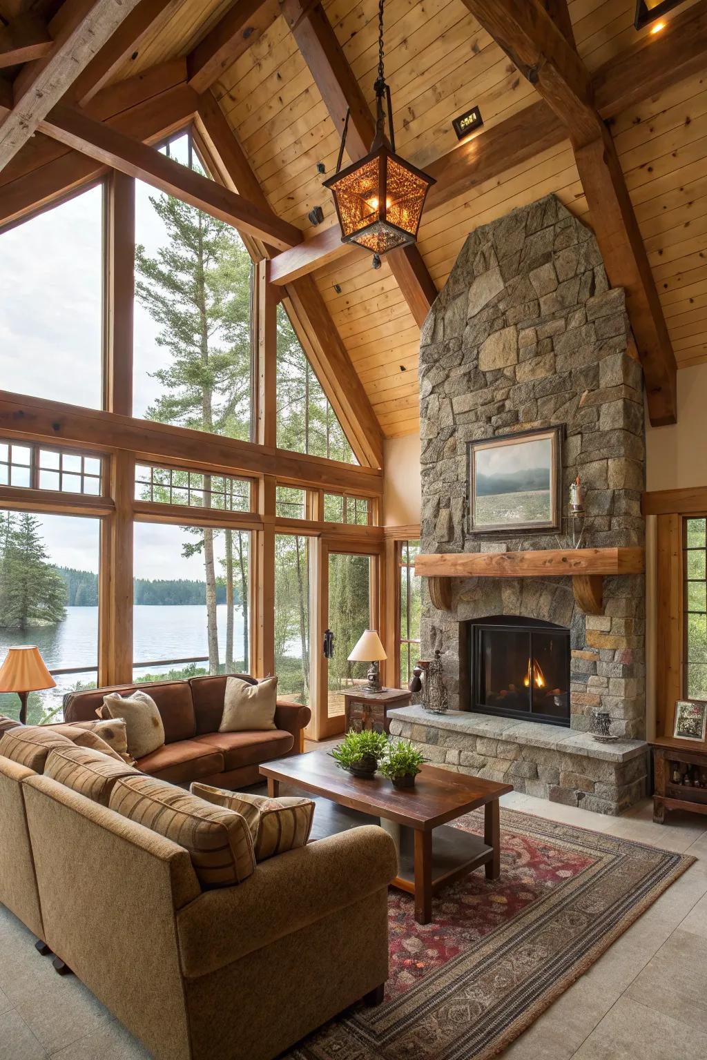 Timber and stone accents evoke a comforting, natural ambiance.