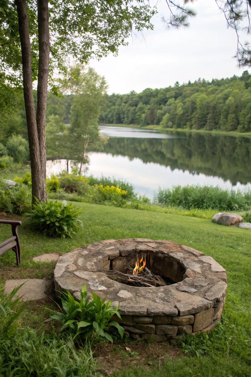 A naturally beautiful stone circle fire pit is the ideal match for the lake's untouched beauty.