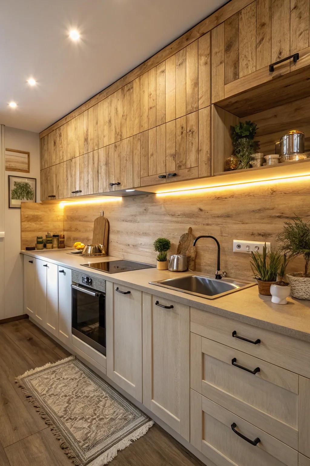 Wood-like synthetic paneling introduces a comfortable, countryside atmosphere to your kitchen.