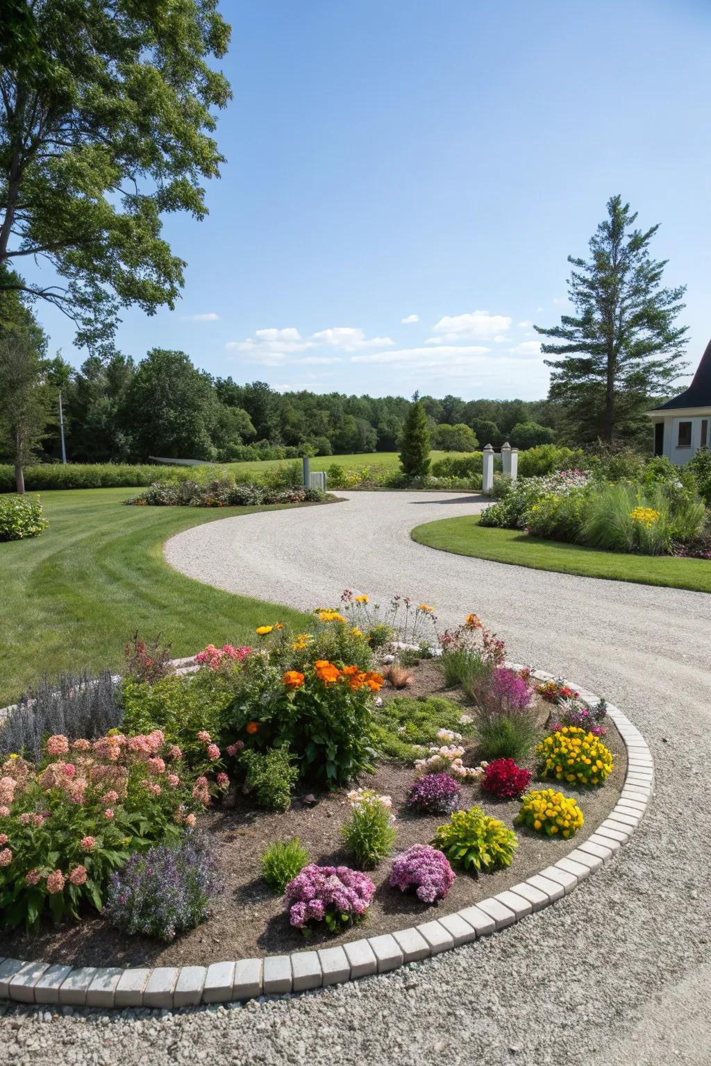 A roundabout driveway showcases a captivating floral centerpiece.