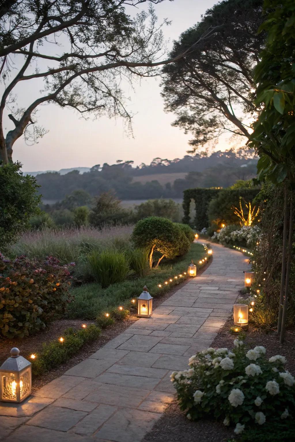 A tranquil garden pathway aglow with unobtrusive route lighting.