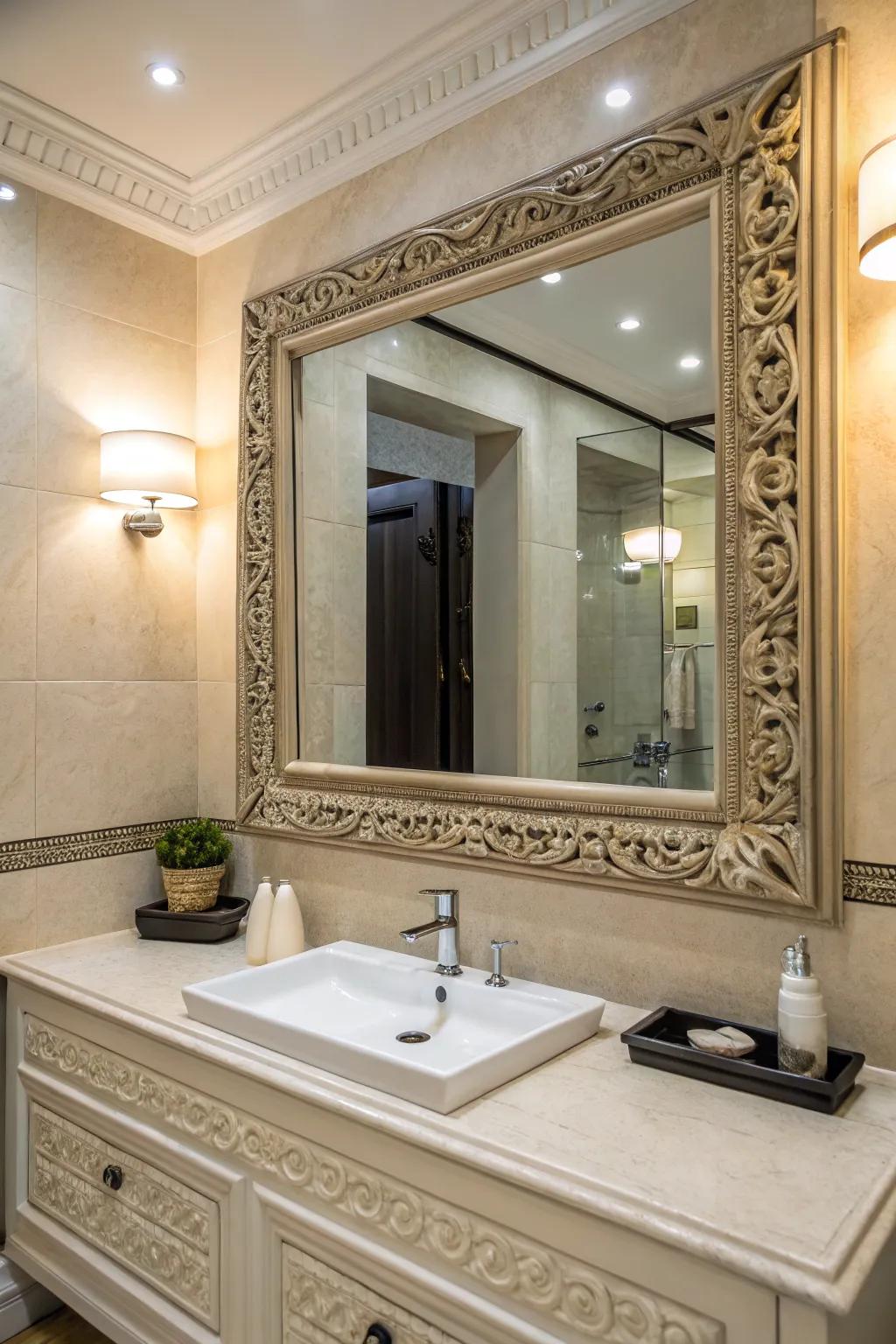 A beautifully framed mirror adds refinement to your bathroom.