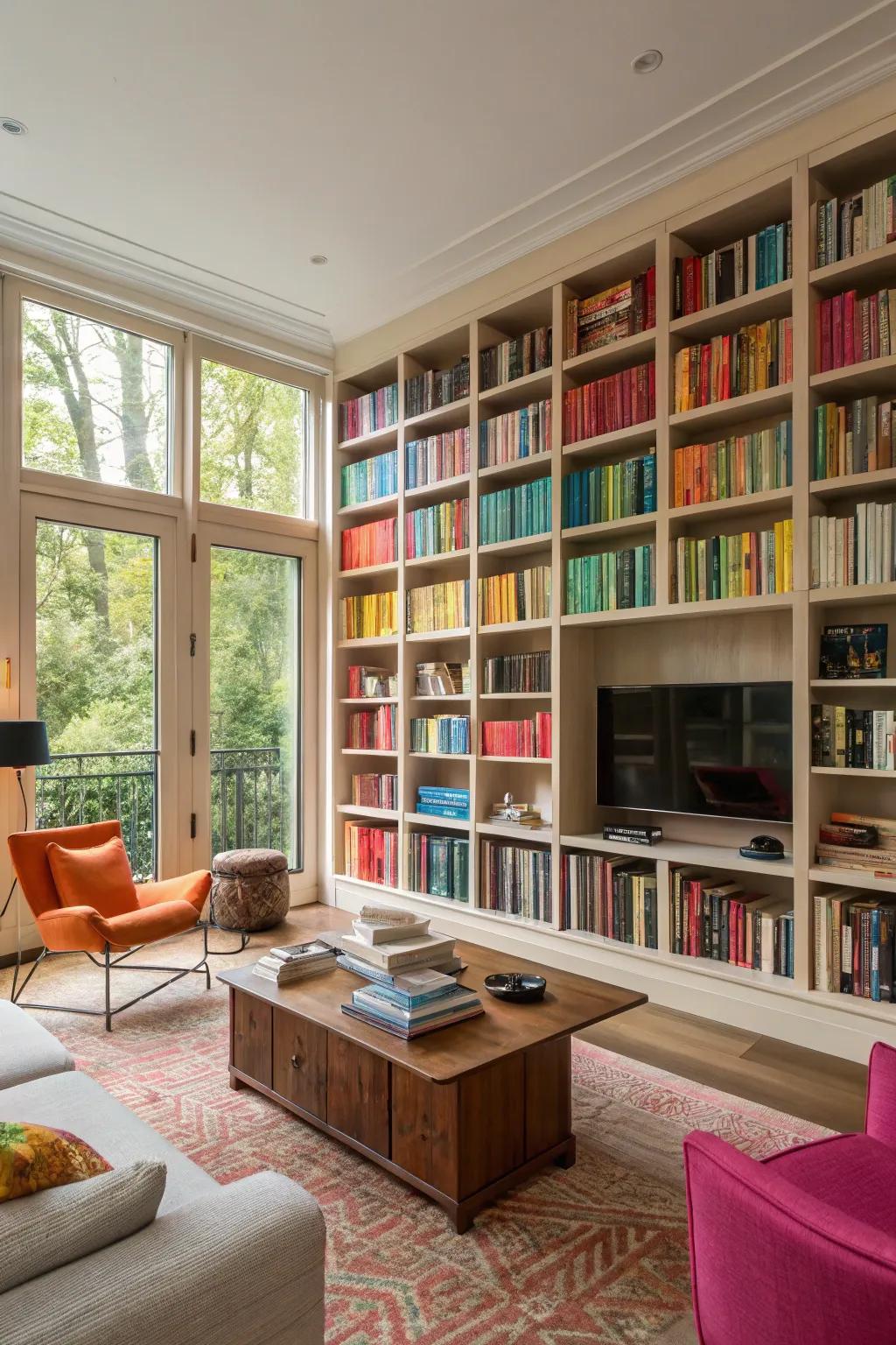 Floor-to-ceiling bookshelves bring both height and a sense of refinement to this inviting living space.
