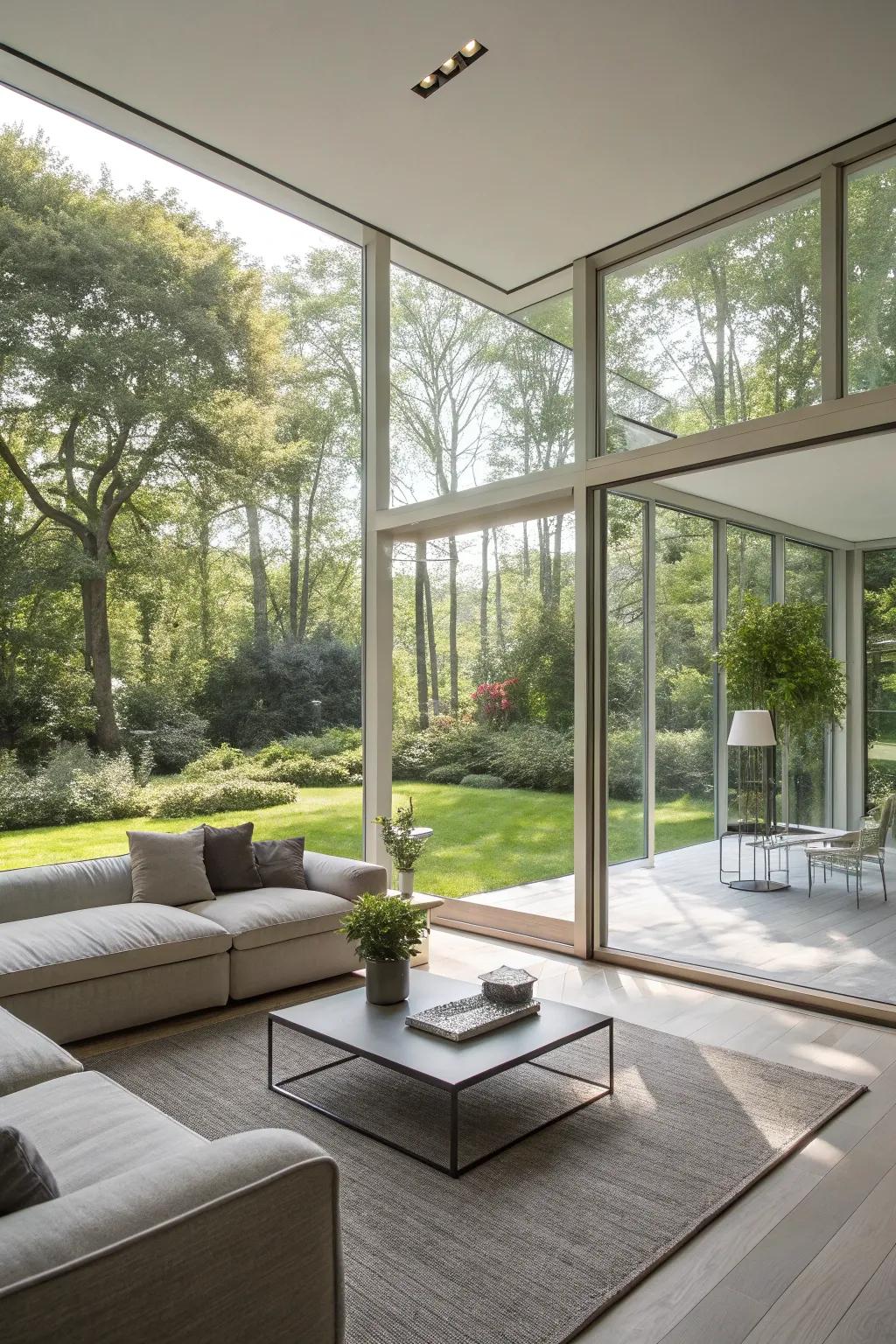 A contemporary living area where the boundary between indoor comfort and outdoor openness is gracefully diminished by extensive glass facades.