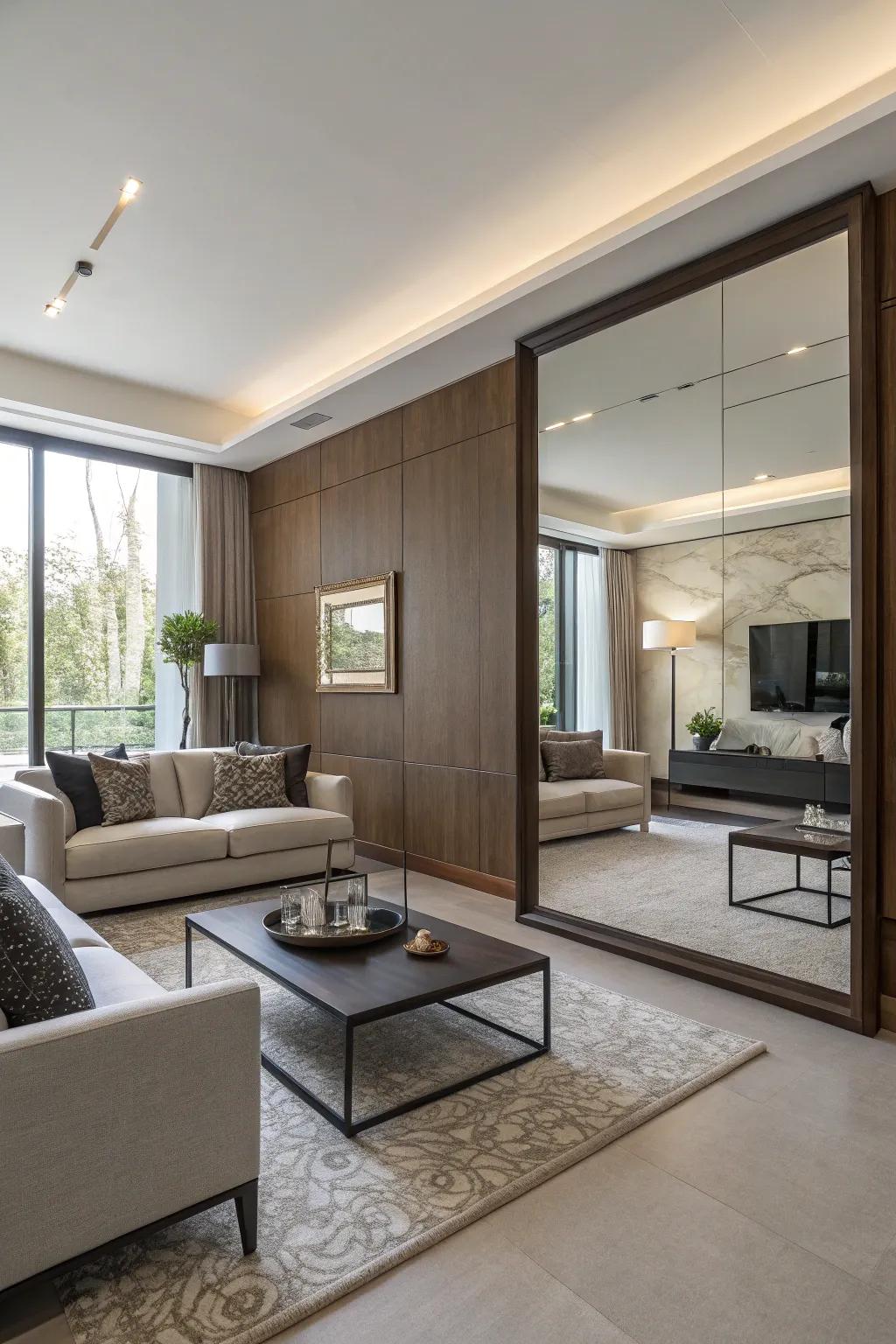 A sprawling reflection panel delivers the impression of increased space within this refined lounge.