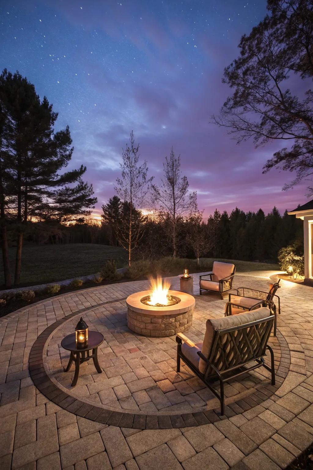 A fire pit infuses this roomy paver patio with both warmth and character.