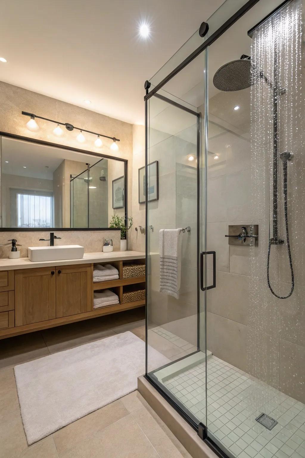 Glass partitions deliver a smooth, open atmosphere to your bathroom space.
