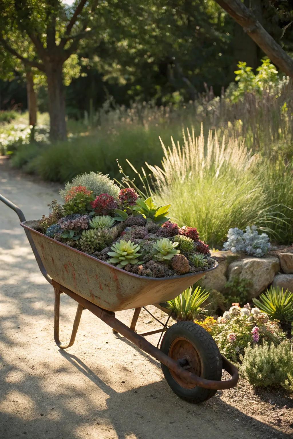 A charming wheelbarrow planter brimming with vibrant succulents.