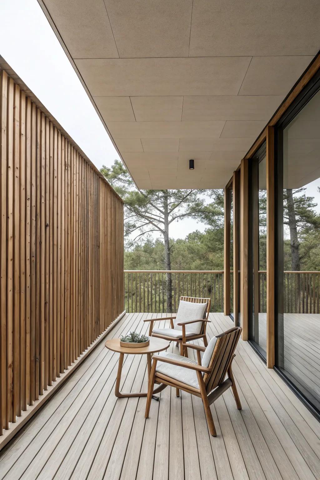 Vertical wood strips contribute to a modern ambiance in this outdoor setting.