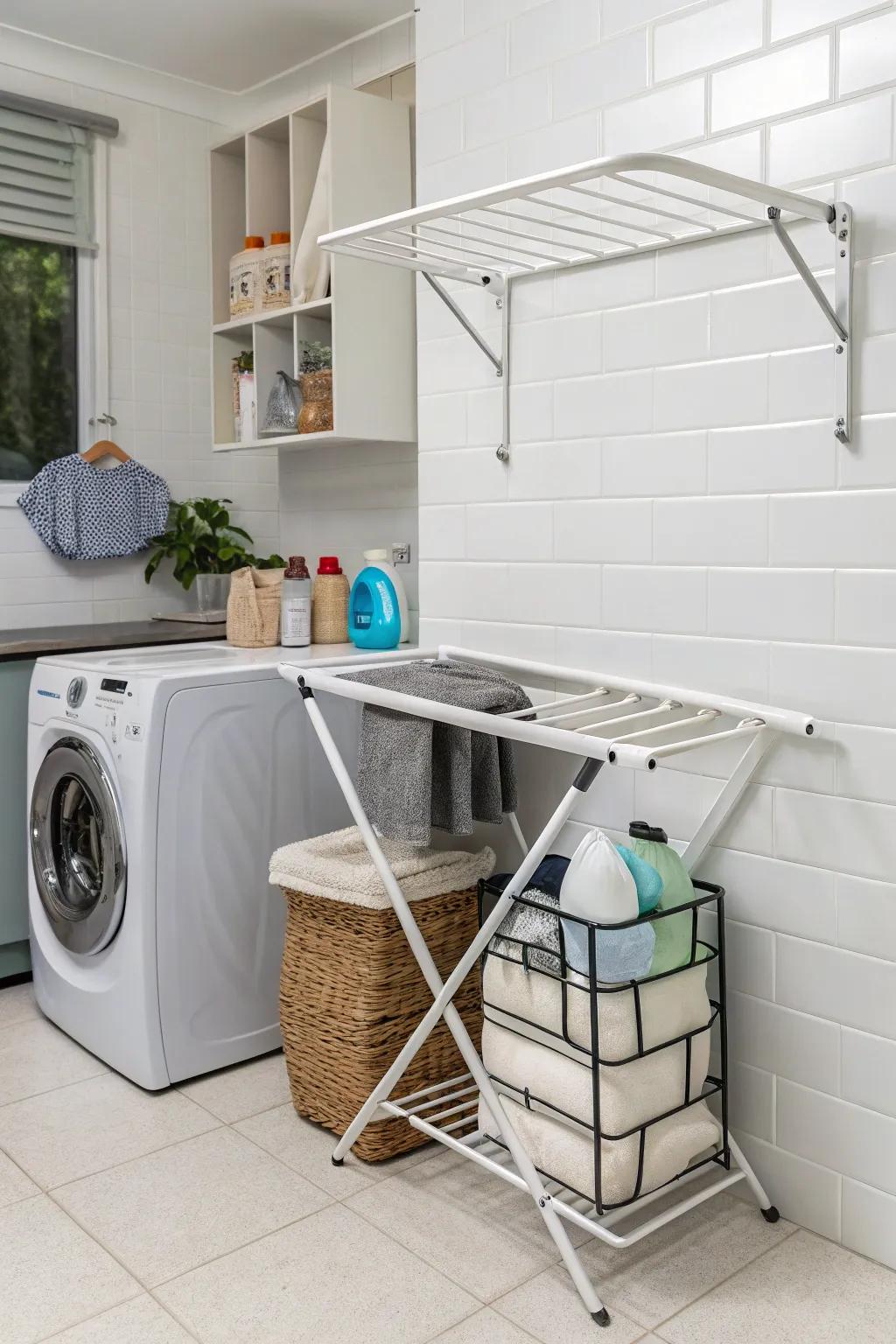 A foldable wall-attached dryer merging effortlessly into the laundry room decor.